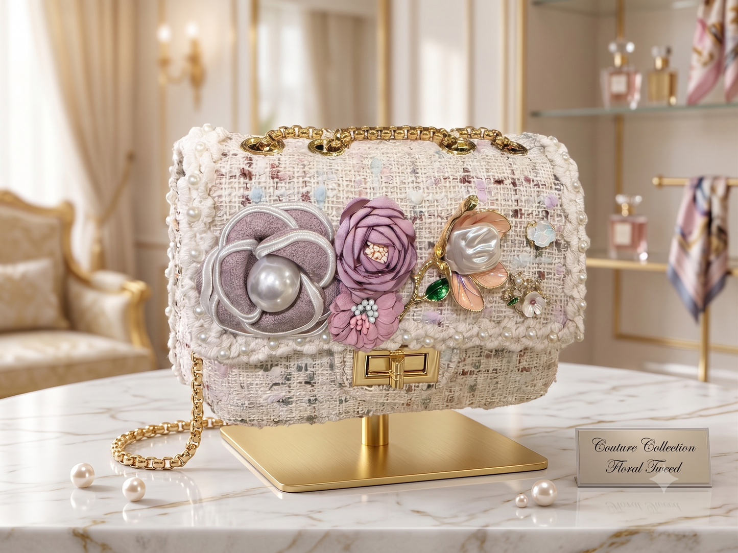 Zyviro Floral Couture Pearl & Tweed Shoulder Bag