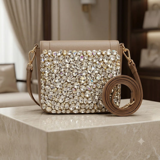 Zyviro Crystal Opulence Taupe Leather Crossbody Bag