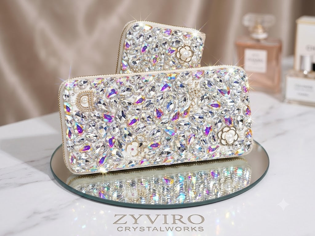 Zyviro Opulenza Crystal & Pearl Zip-Around Clutch Wallet